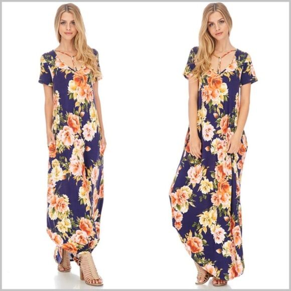 Navy Floral Pocket Maxi Dress - Picture 2 of 5